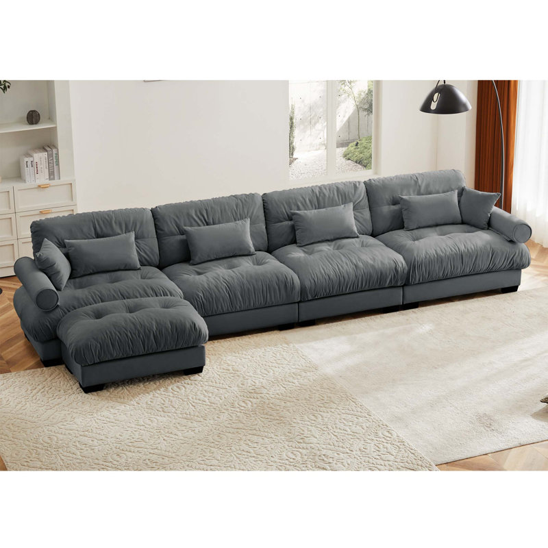 L Shaped Sectional Cloud Sofa , Convertible Deep 4 Seater Modular Couch For Living Room,Modern Velvet Comfy Upholstered Corner Couch Waist Pillows, Throw Pillows And Blostered Armrests