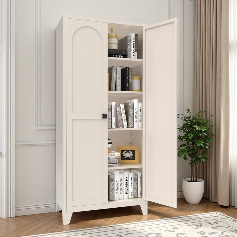 Beige 2 Shapely Door Cabinet With Lock, Metal Storage Cabinet With Doors And Adjustable Shelves, For Kitchen, Bedroom, Living Room