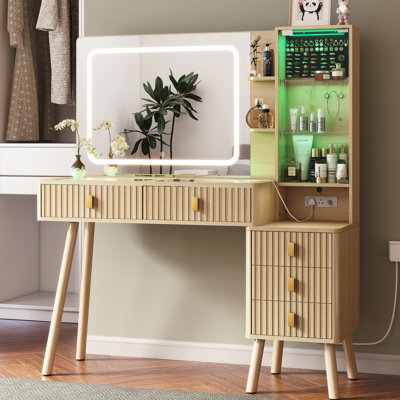Natural Oak Fluted Vanity Desk With Mirror Led Lights Makeup Desk With 5 Drawers Storage Shelves Dressing Table