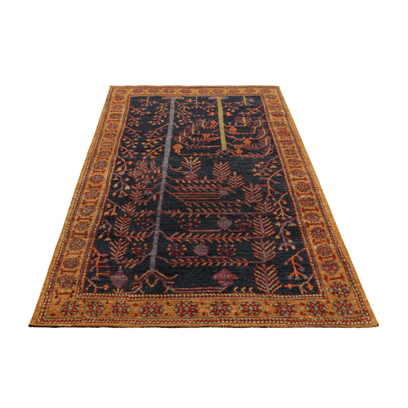 Rug & Kilim’s Tribal Rug In Navy Blue, With Colorful Floral Patterns, Rectangle 4' x 5'
