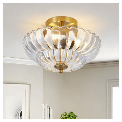 11.8" Semi Flush Mount Ceiling Light, 3-Light Gold and Clear Glass Fixture with Floral Shade for Hallway, Bedroom, Kitchen