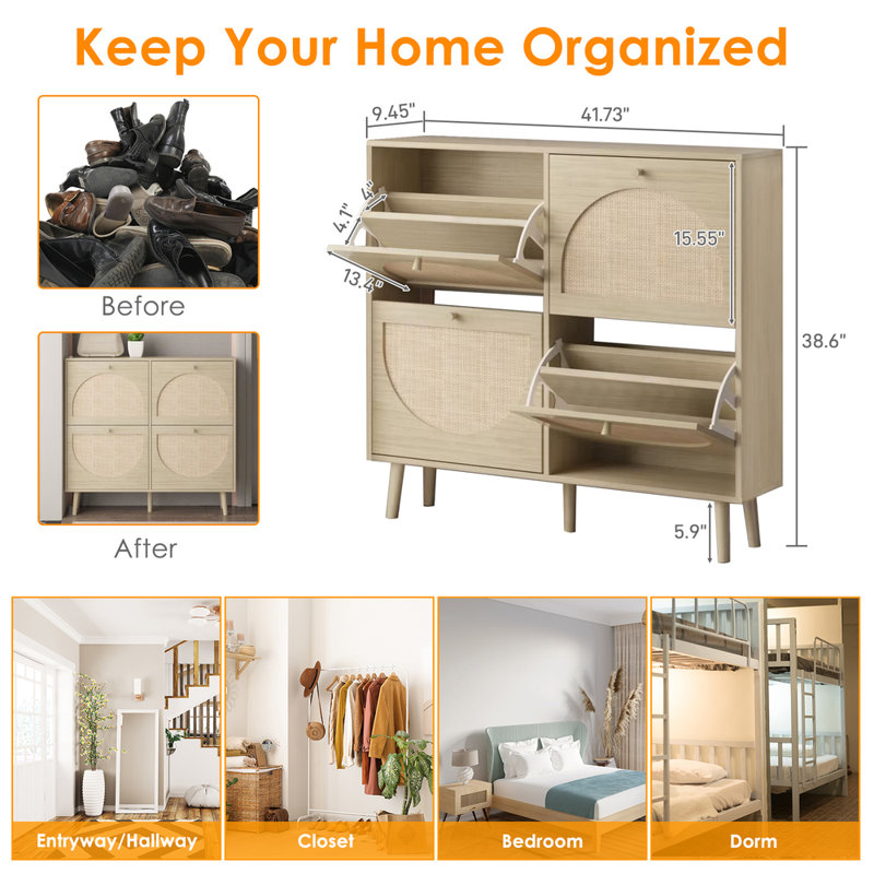4 Flip Drawers Rattan Shoe Cabinet Shoe Storage Organizer Unit