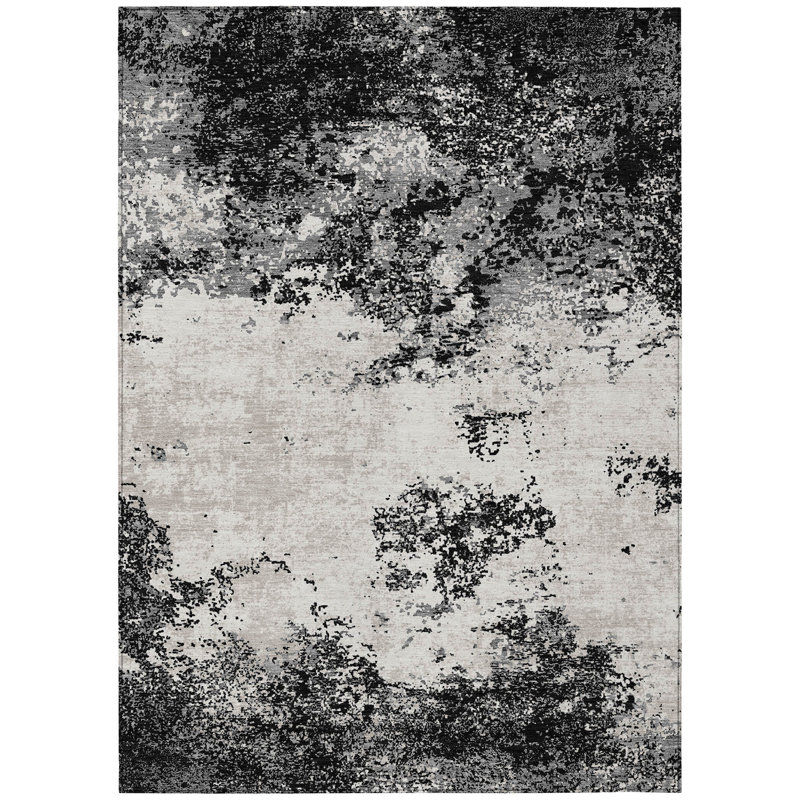 Tapis extérieur lavable abstrait 8 pi x 10 pi noir et gris ivoire