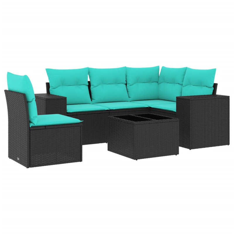 Ensemble de canapé de patio 6 pièces avec coussins en rotin de polyester, Bleu clair, Noir