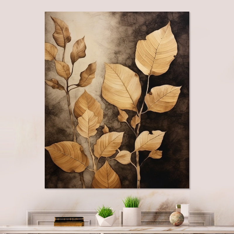 Décoration murale en métal brun et feuilles beige et harmonie VI, H 32 po x l 16 po x P 1 po