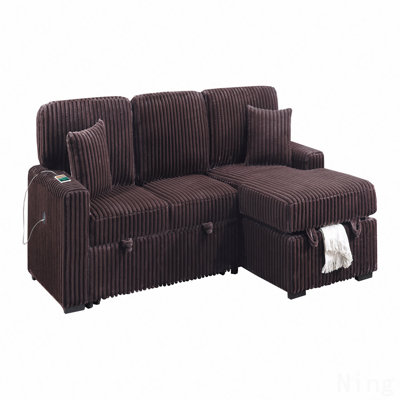 Modern Style 2Pc Convertible Sectional Pull Out Sofa Fold Down Table Cup Holder Usb Port Storage Chaise Matching Pillow Coffee Finish Primary Living Room
