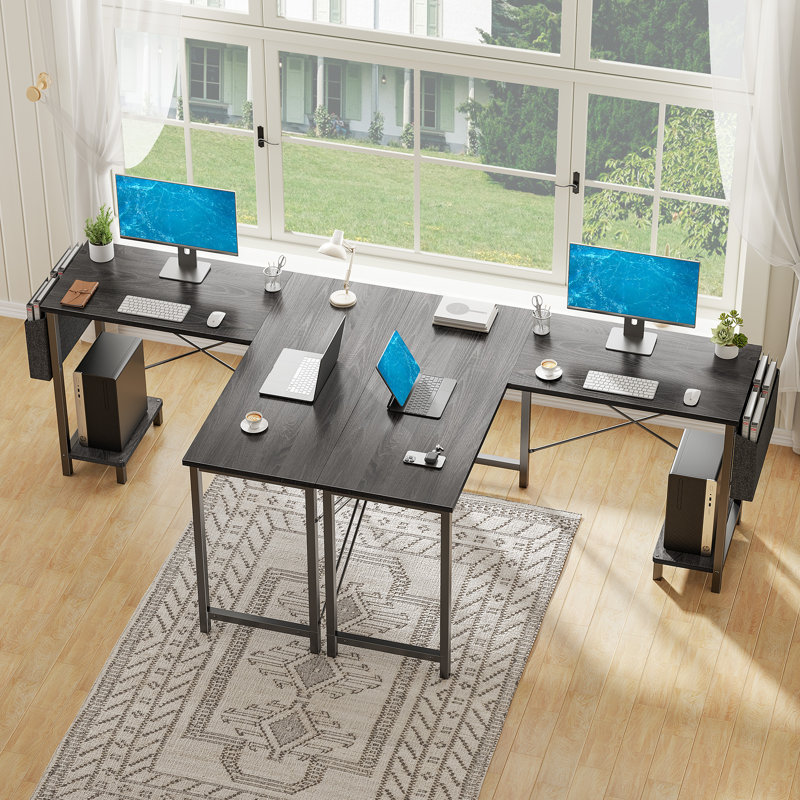 L-Shaped Computer Desk with Desk Monitor Stand and Side Storage Bag, Gray