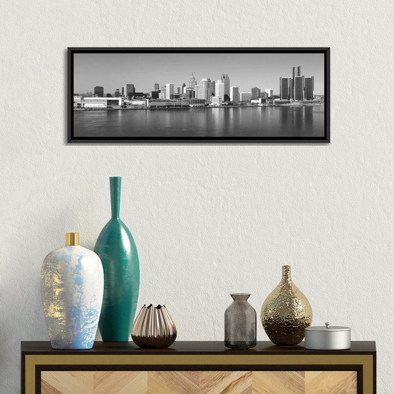 « détroit horizon cityscape », reproduction de photo sur toile tendue, H 12 po x l 36 po x P 1,5 po, Toile avec cadre noir