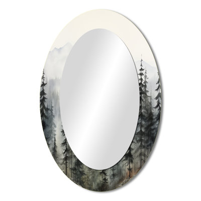 Pine Tree Misty Mountain II - Green Oval Wall Mirror Decor