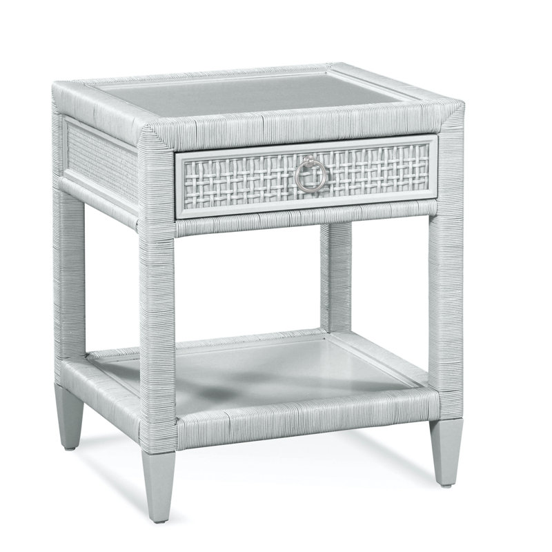Table de chevet 1 tiroir en osier Monterey, Blanc givré, Non, Nickel satiné