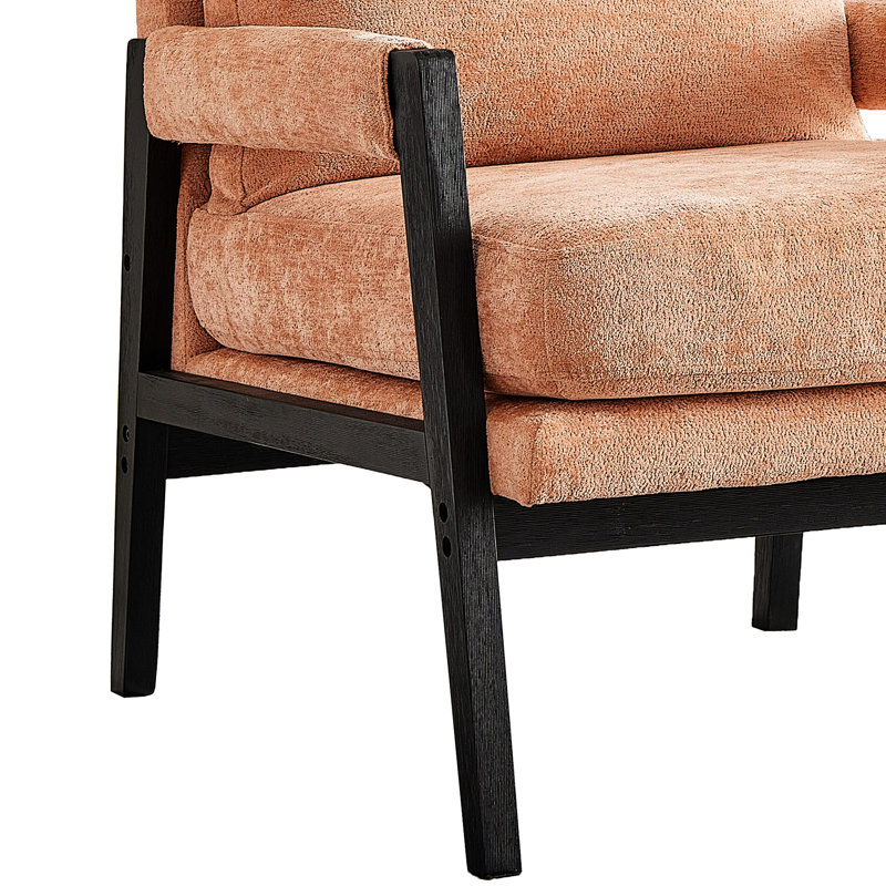 Fauteuil orange en chenille - conception de style Mid-Century, coussin de dossier amovible, siège d'appoint moderne à structure en bois robuste, assise et dossier moelleux
