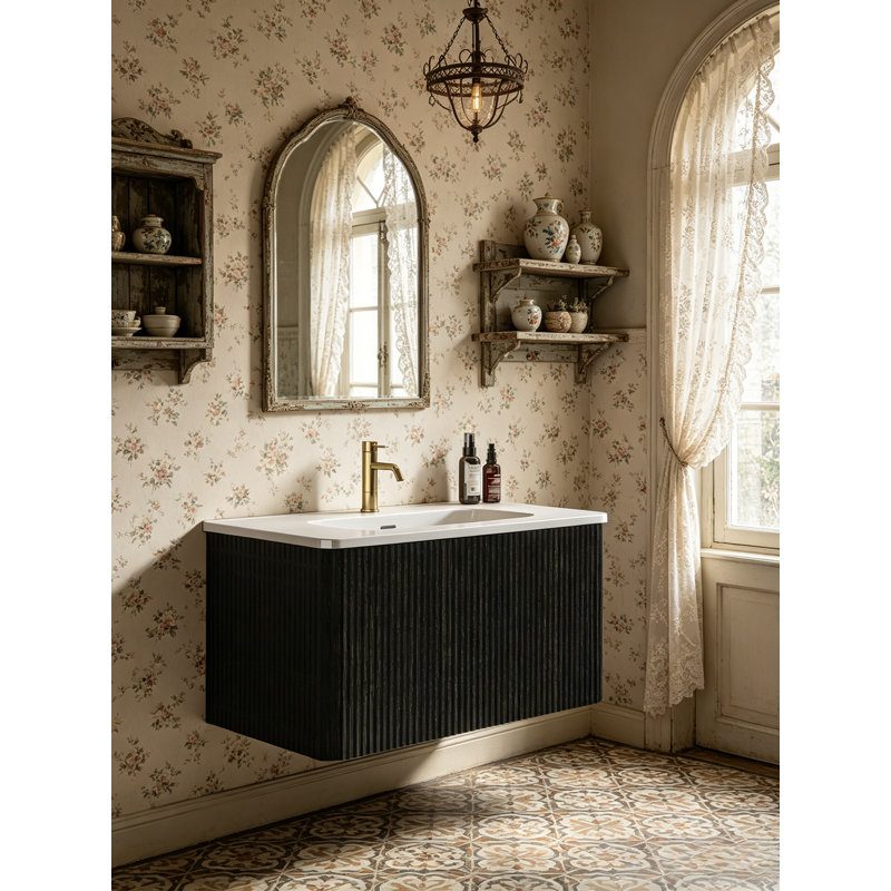 Meuble-lavabo flottant avec lavabo en céramique et tiroir à ouverture par pression, Noir, 30"