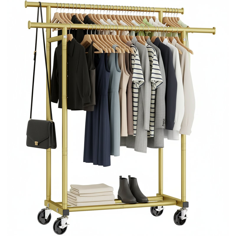 Double porte-vêtements à roulettes, support à vêtements robuste en métal pour le salon de la buanderie de la chambre à coucher
