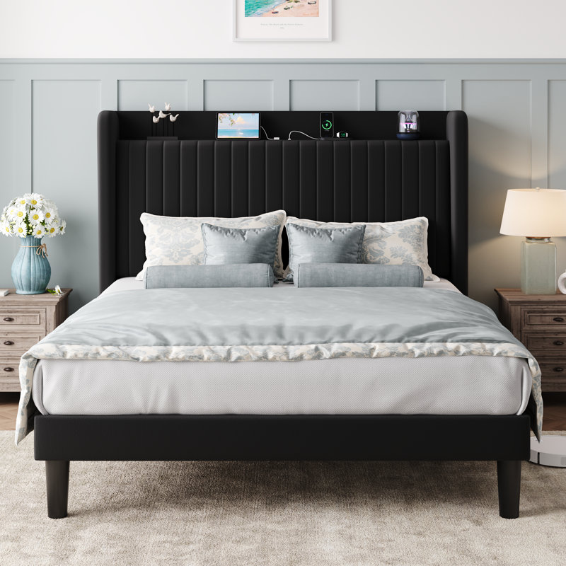 Chic Velvet Upholstered Platform Bed With Storage Shelf And Charging Station Wingback Headboard, Wooden Slats, Black, Full