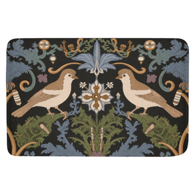 Retro Symmetric Bird Floral Bath Rug, 36 X 24 Inch