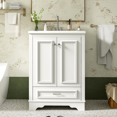 24" Bathroom Storage Vanity With Ceramic Basin, Sleek Appearance, Adjustable Shelves, Materials Modern Sink, Elegant Solid Wood Frame, Ample Space
