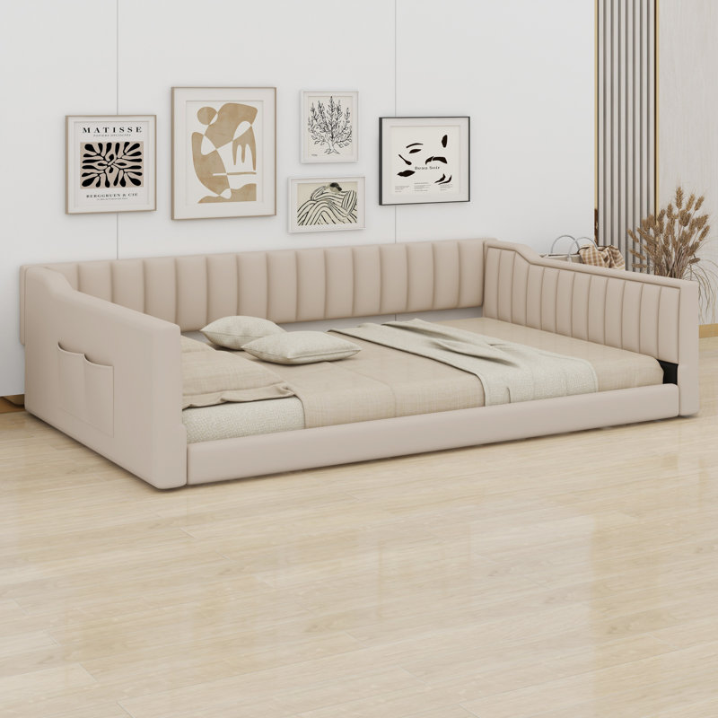 Upholstery Daybed And Side Storage Pocket, Full XL, Beige