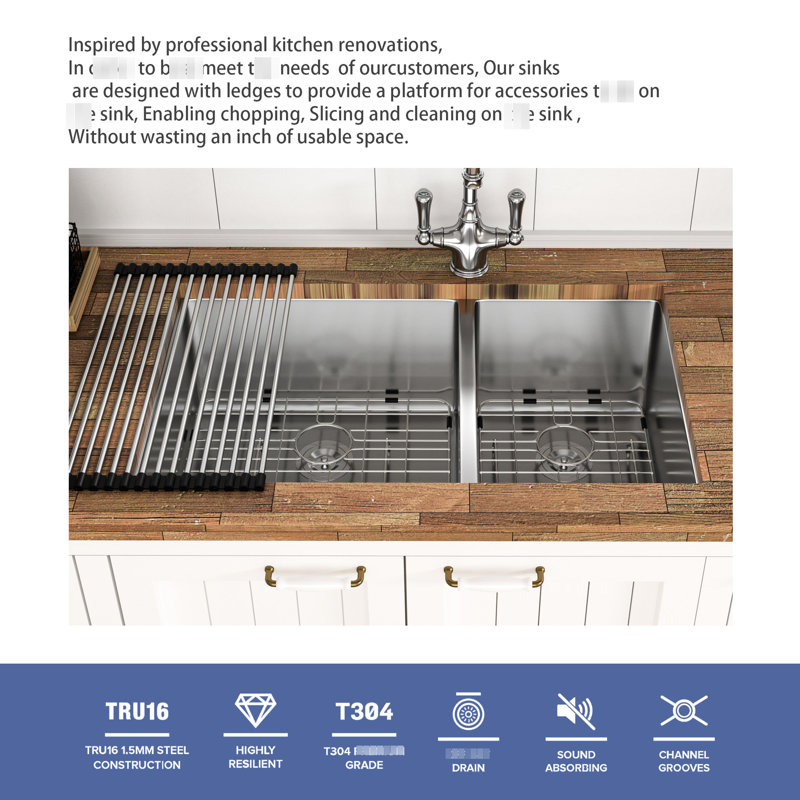 Undermount Double Bowl Kitchen Sink 33X19x9 Inch, Made Of 18 Gauge T304 Stainless Steel, Good For Vegetable And Fruit Washing, With Roll - Up Rack Steel Inch  60/40  Brushed Nickel, Scientific