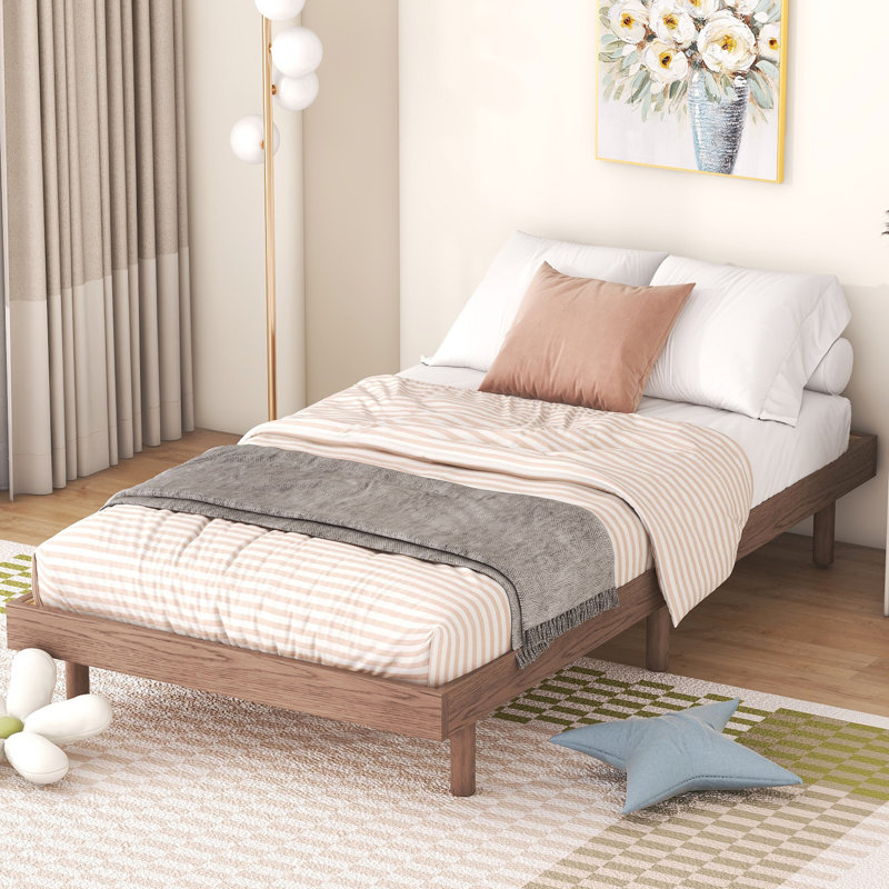 Lit flottant simple de taille simple, noyer - offre un lit moderne d'allure de chambre à coucher unique au design fonctionnel