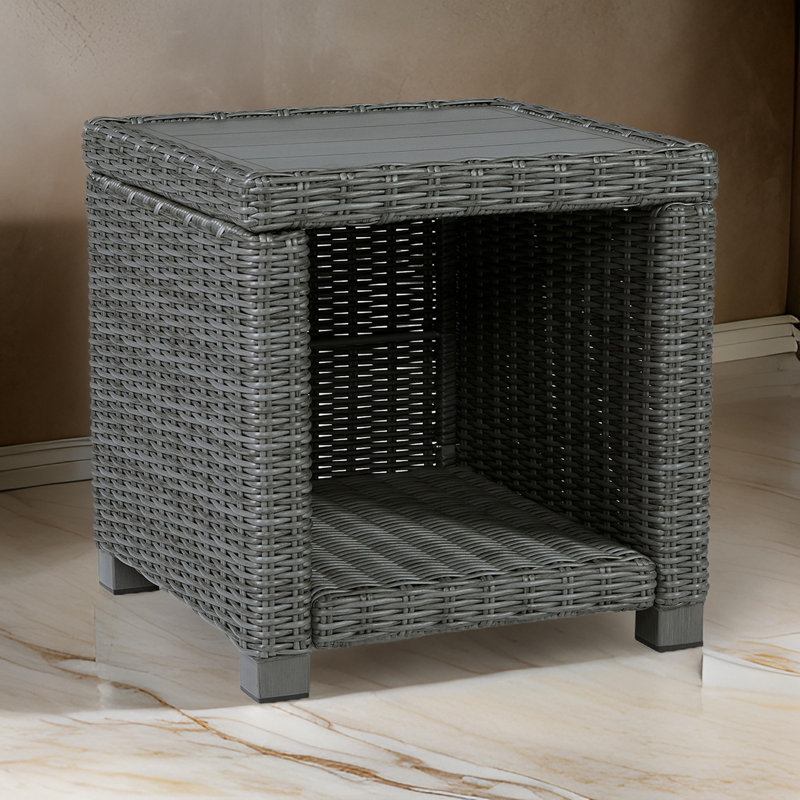 Inetha Ellie 23 Inch Outdoor End Table, Lower Shelf, Gray Resin Wicker, Metal