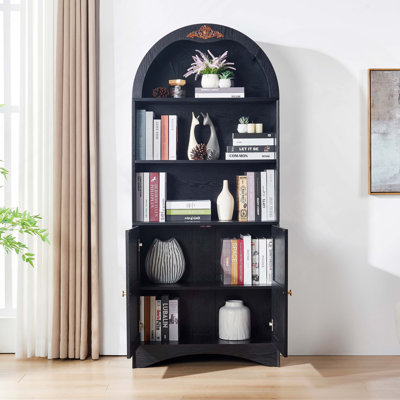 Armoire de rangement arquée avec appliques décoratives, buffet en panneau de fibres à densité moyenne anti-égratignures, tablettes et charnières réglables, sangle anti-basculement, armoire à vin de rangement autoportante pour le salon et la salle à manger