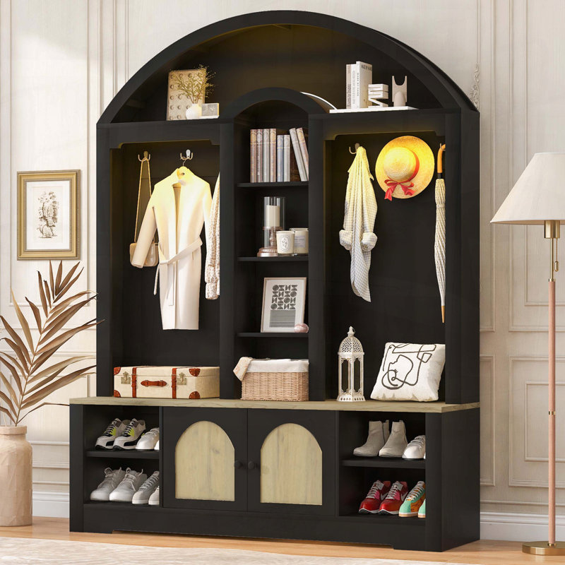 Modern Multifunctional Wardrobe with Storage and Hooks, Black/Natural