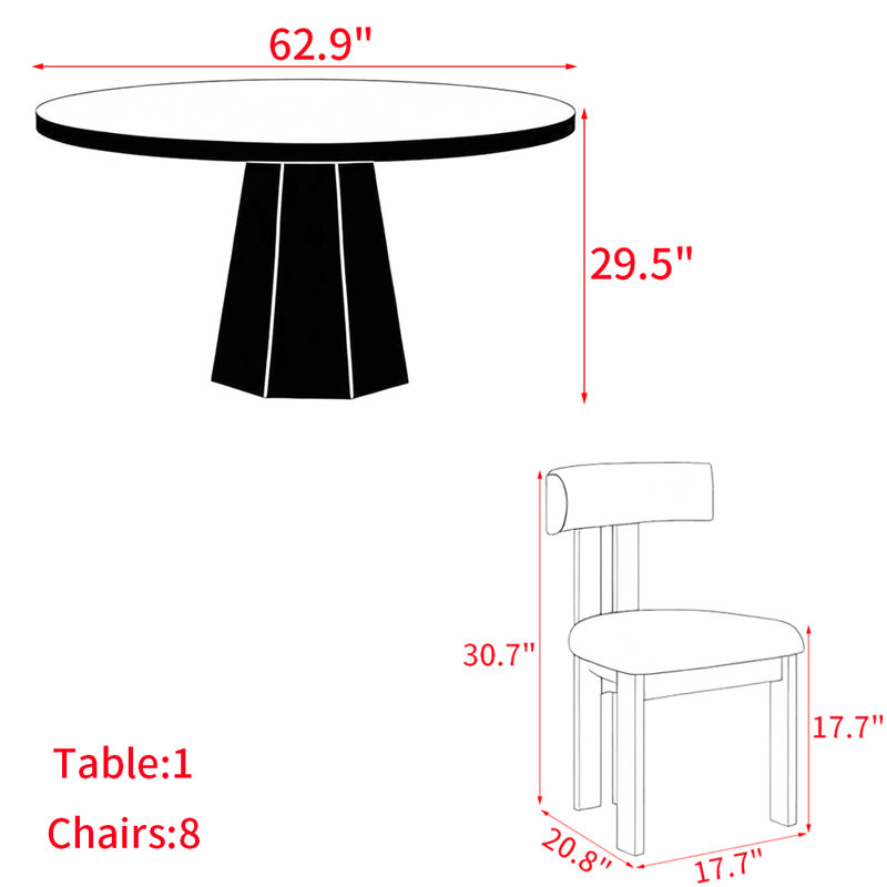 Modern simple solid wood dining table set., 29.5"H x 62.9"L x 62.9"W