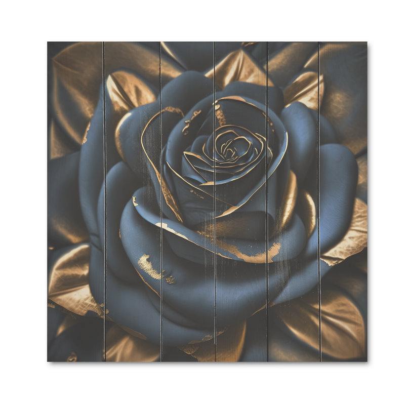 Gilded Rose In Kings Blue II - imprimé floral rose sur bois, H 24 po x l 24 po x P 1 po, Bois