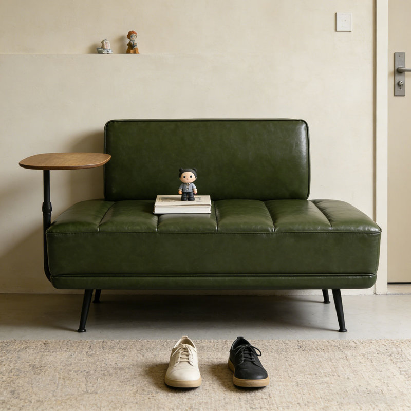Banc de bout moderne de 55 po de large avec revêtement en similicuir et table d'appoint, Vert