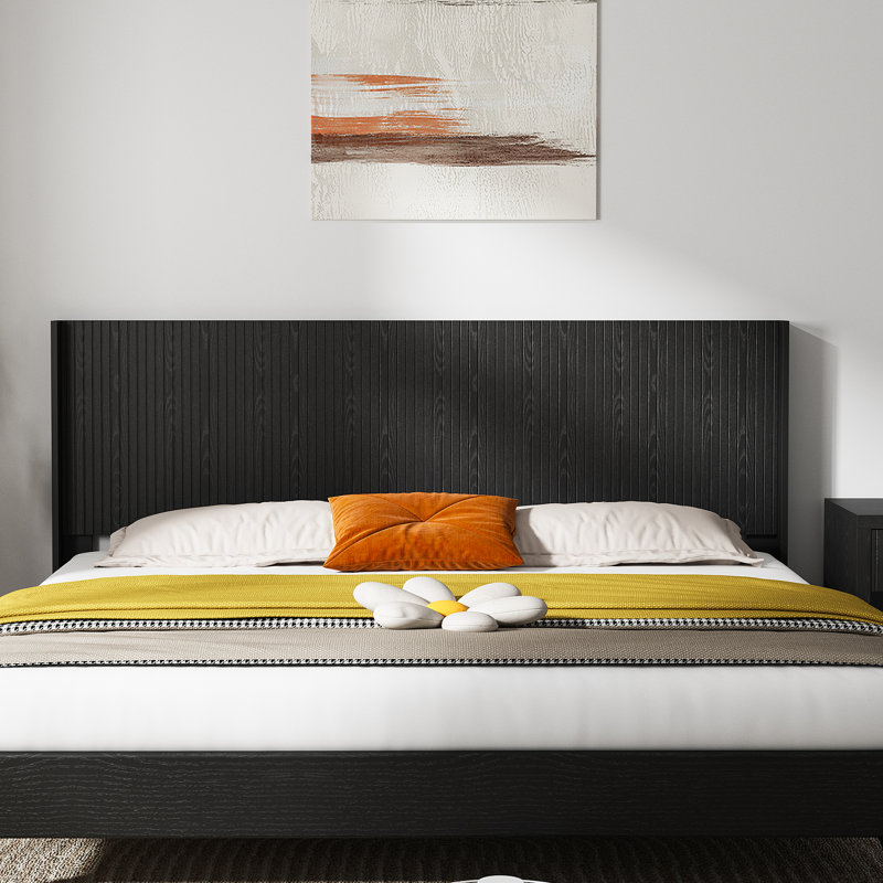 Wall Mounted Wood Headboard Panel with 3D Groove Design Queen Size, Queen, Black
