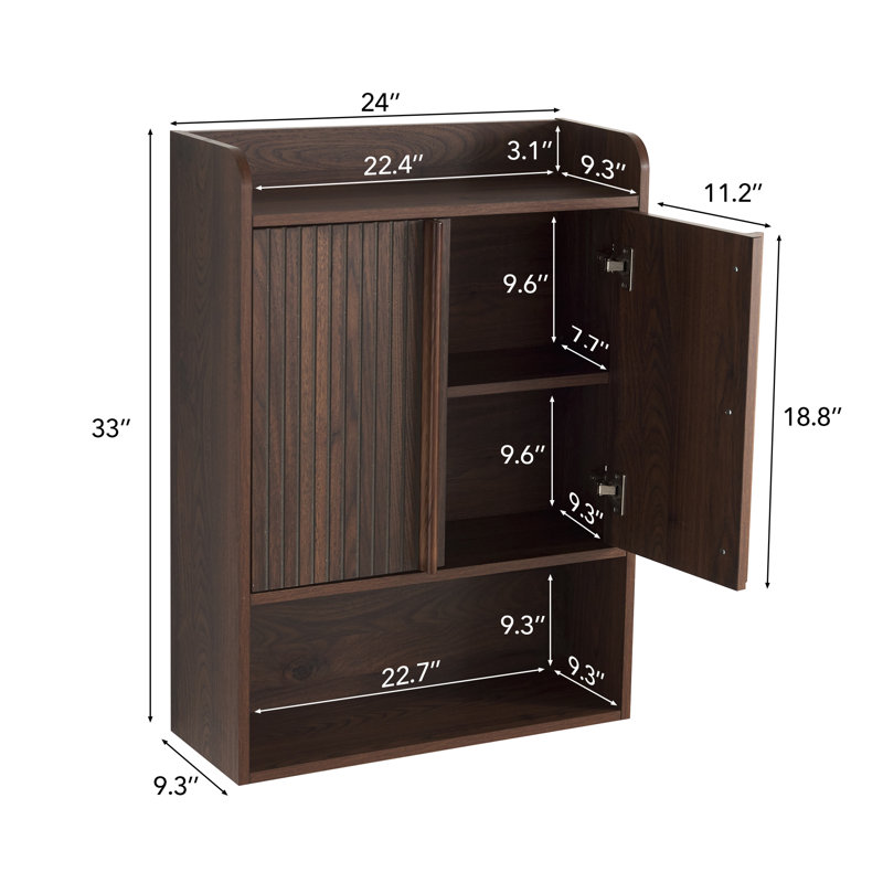 Armoire d'appoint murale moderne cannelée de 24 po de largeur Mid-Century avec tablette ouverte et portes à fermeture douce - noyer foncé