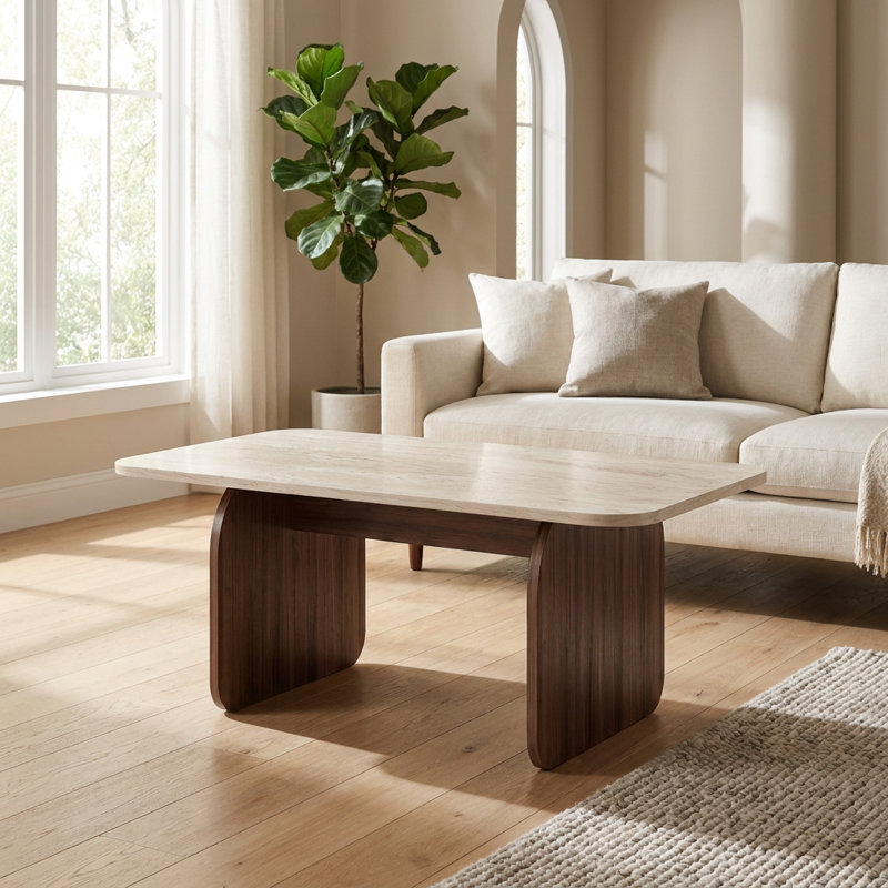 Table basse moderne, plateau et base sculpturale (39,4'' L x 23,6'' P x 16,5'' H), Travertine/Milano Walnut