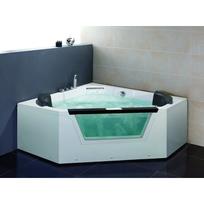 59'' x 59'' Corner Whirlpool Porcelain Enameled Steel Bathtub with Faucet