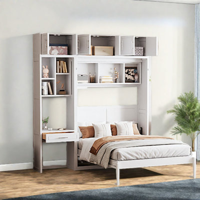 Lit escamotable moderne compact en MDF blanc avec rangement et bureau