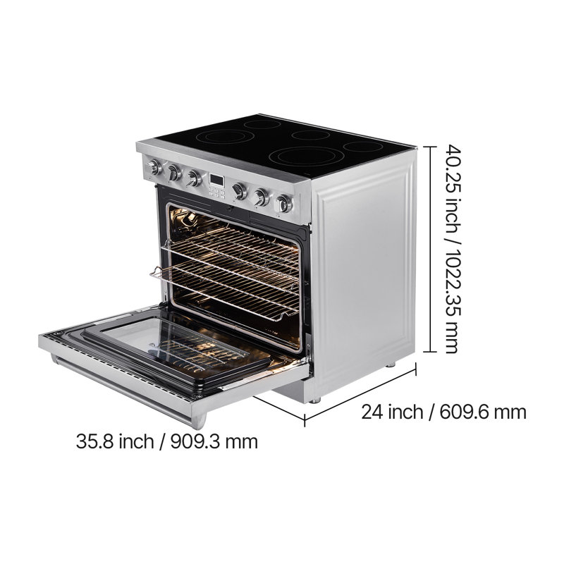 Four électrique 36 po, 6,0 pieds cubes Pi. Capacité d'une cuisinière autoportante compacte, d'un four de cuisine en acier inoxydable, avec 5 brûleurs, d'un bouton de commande numérique à écran, de supports faciles d'accès pour véhicule récréatif (sans cordon d'alimentation)