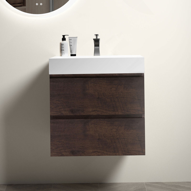 Meuble-lavabo mural flottant avec lavabo et rangement spacieux, Noyer