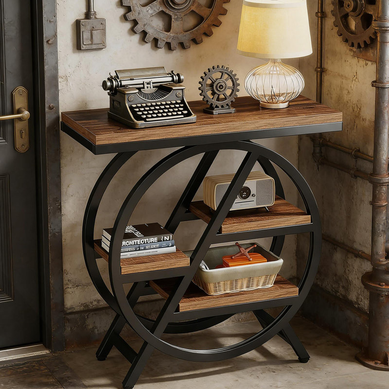 Table de bout compacte industrielle avec rangement à 4 niveaux, parfaite pour les petits espaces et les décors modernes.