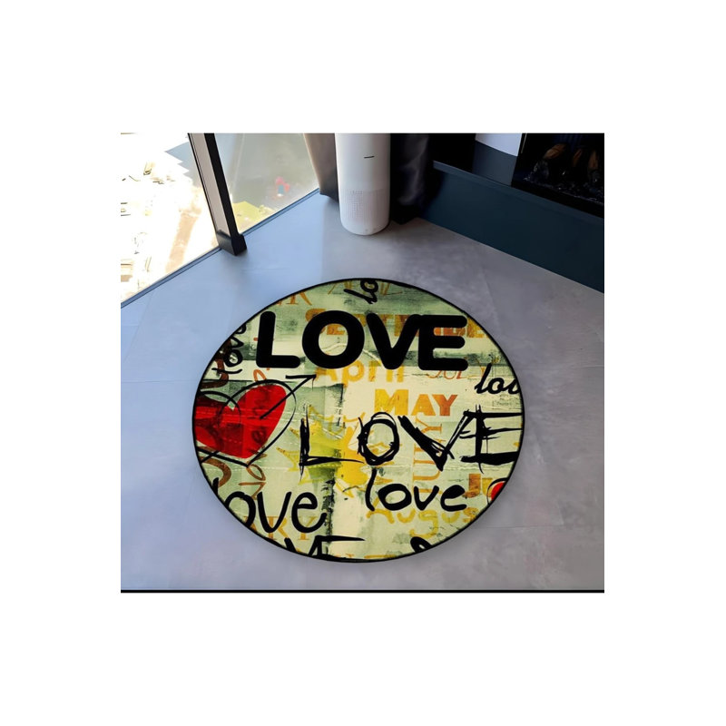 Multicolored Love Lettering And Heart Patterned Woven Base Decorative Carpet, Round 3'4"