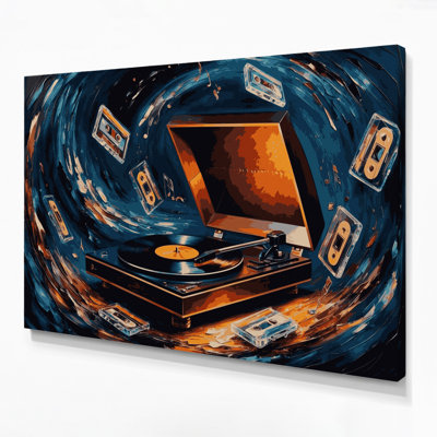Music Record Player and Cassette Tapes Gray Canvas Wall Art