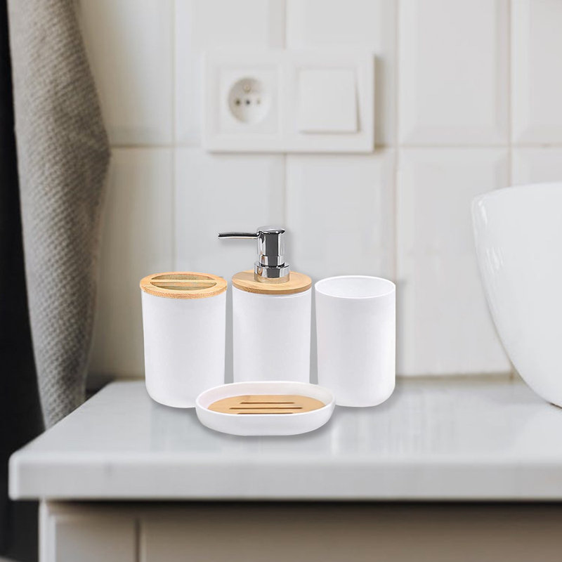Jaiheim Bamboo Bathroom Accessory Set, 6 Pieces Bath Set- Soap Dish Toothbrush Holder Rinse Cup Lotion Bottle, Black
