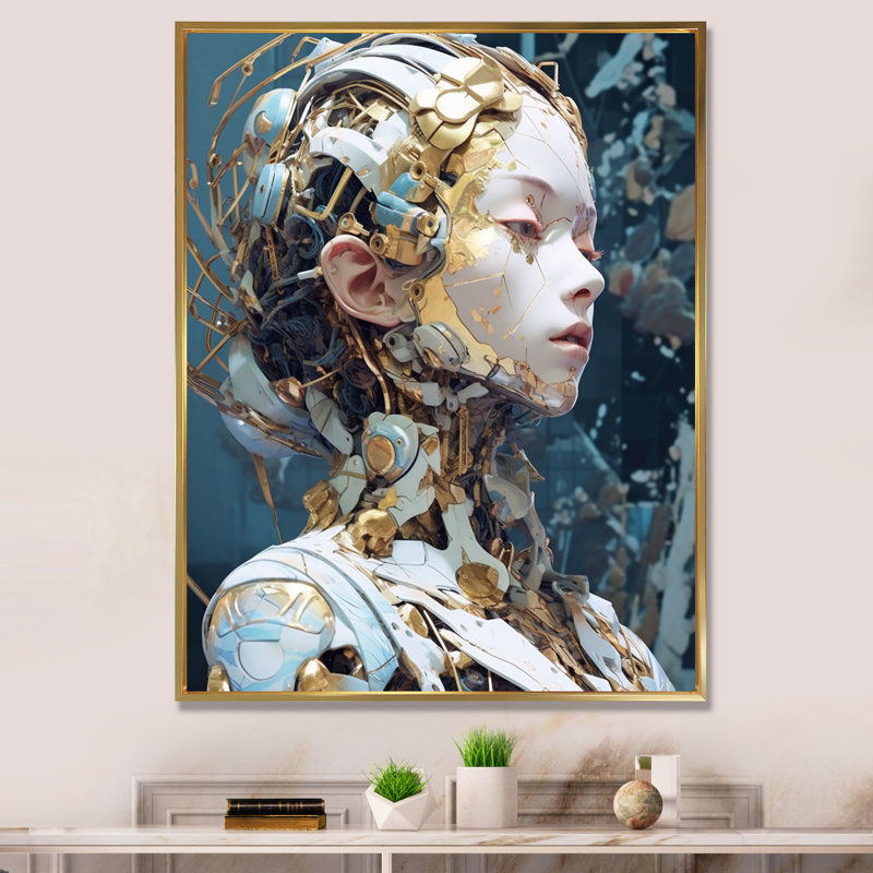 " Female Robot II ", 32" H x 16" W x 1" D, Gold Floater Framed
