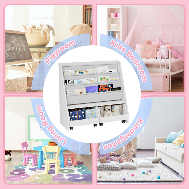 2-in-1 Mobile Storage Shelf - MDF Bookcase with Deep Pockets & Rolling Bins, Multi-Scene Organizer
