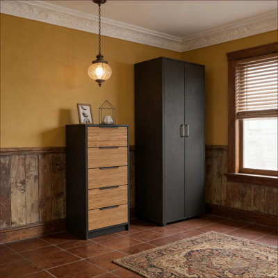 Ensemble de chambre à coucher | Armoire de rangement 2 pièces avec commode 5 tiroirs, noir / chêne clair | Panneau de particules | Multicolore