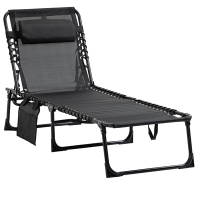 Reclining Chaise Lounge Chair, Portable Sun Lounger, Folding Camping Cot With Adjustable Backrest And Removable Pillow, For Patio, Garden, Beach, Black