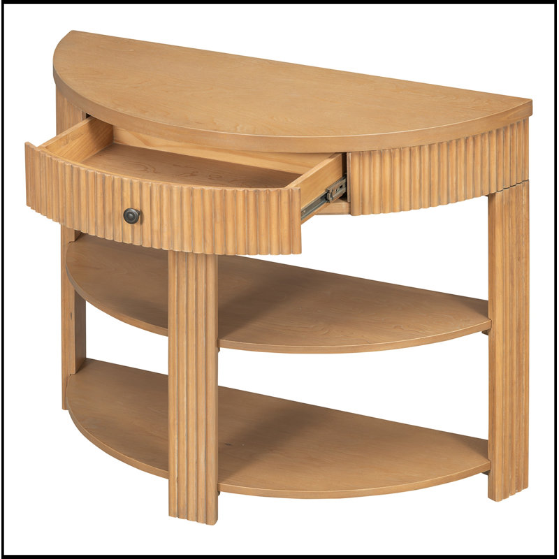 Console demi-lune avec tiroir et 2 tablettes, Natural
