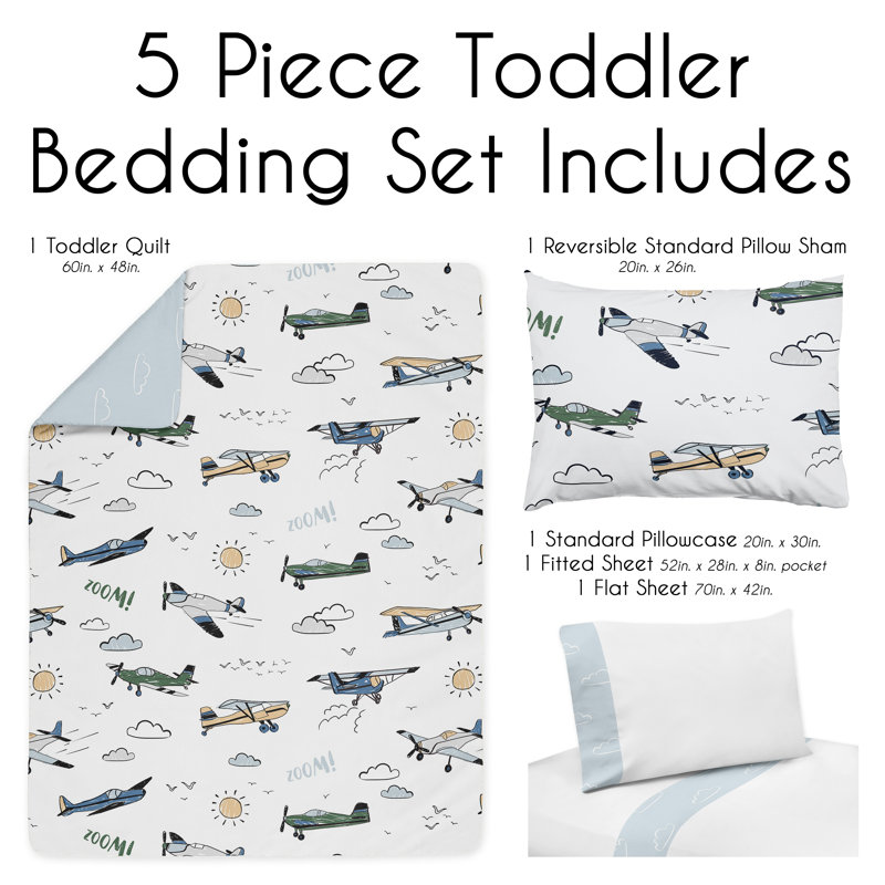 Blue and Green Airplane Microfiber Toddler Bedding Set