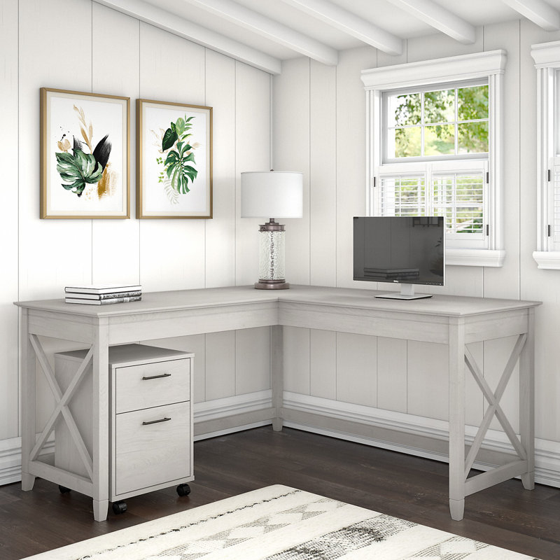 Katia L-Shaped Credenza Desk, Linen White Oak