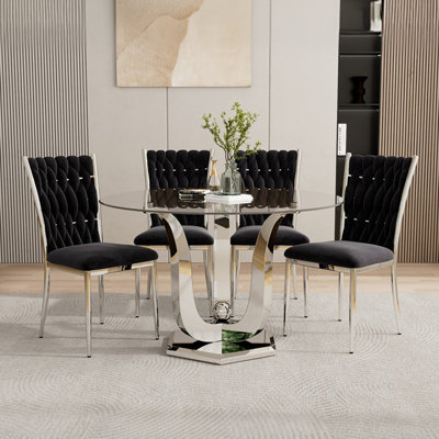 Ensemble de table de salle à manger 38,9 po pour 4 personnes, table de salle à manger moderne avec base en acier inoxydable argenté et 4 chaises rembourrées en velours, ensemble de cuisine 5 pièces pour la salle à manger