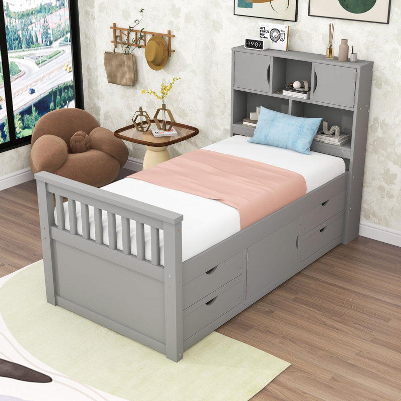 Lit simple en bois avec tête de lit bibliothèque et tiroirs de rangement intégrés, tablettes, Gris