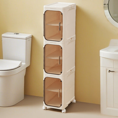 3-Tier Plastic Bathroom Slim Storage Cabinet with Magnetic Doors, Movable Wheels, Foldable Narrow Organizers and Storage for Small Spaces, Kitchen, Laundry Room, Cream White